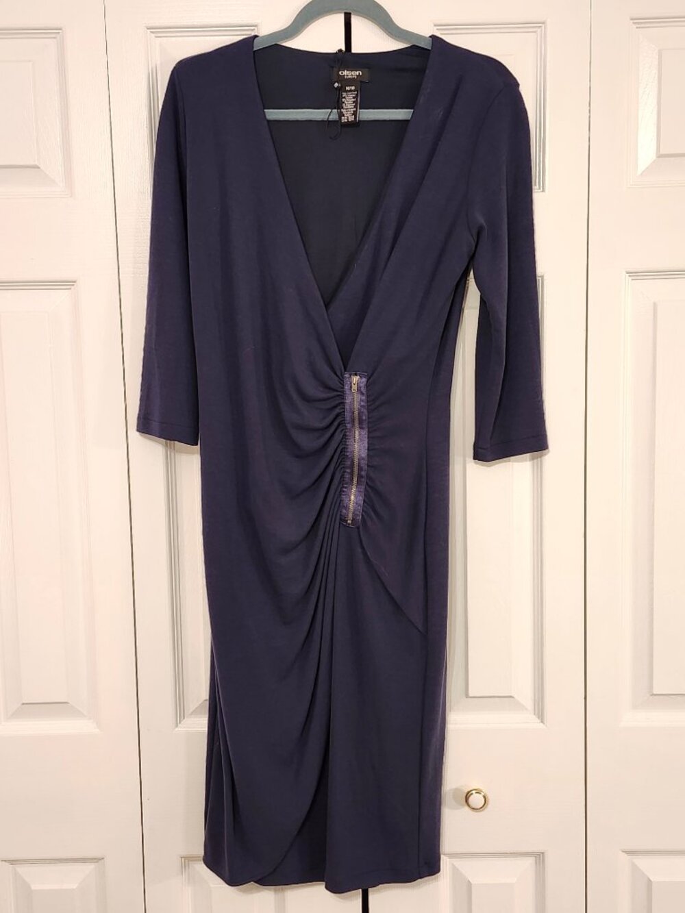Olsen Navy Blue Jersey Knit Ruched Midi Dress - Size 10